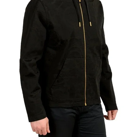 Versace Men's Black Hooded Full Zip Barocco Jacquard Light Jacket US M IT 50